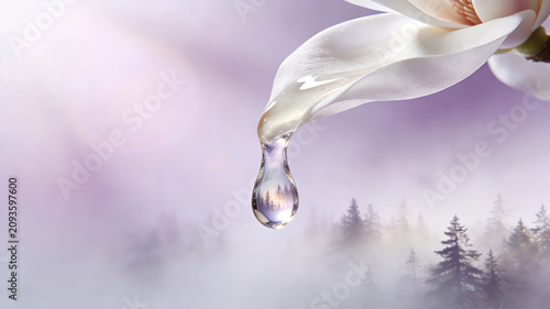 10. The translucent water droplets from the white magnolia drip hold the misty scenery, representing the white flower plant extract, refreshing and stable, natural and light nourishing skincare.
