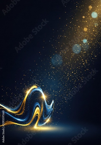 Dark blue and gold abstract background featuring shimmering golden light particles and soft bokeh effects on a deep navy blue canvas texture, vibrant, glowing, galaxy