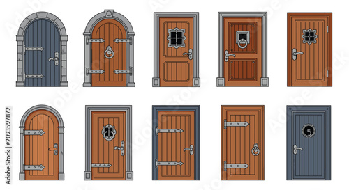 Set of ten medieval wooden doors in various architectural designs like arched frames, iron handles, and hinges.