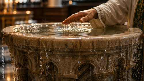 Priest blessing water in an ornate stone baptismal font