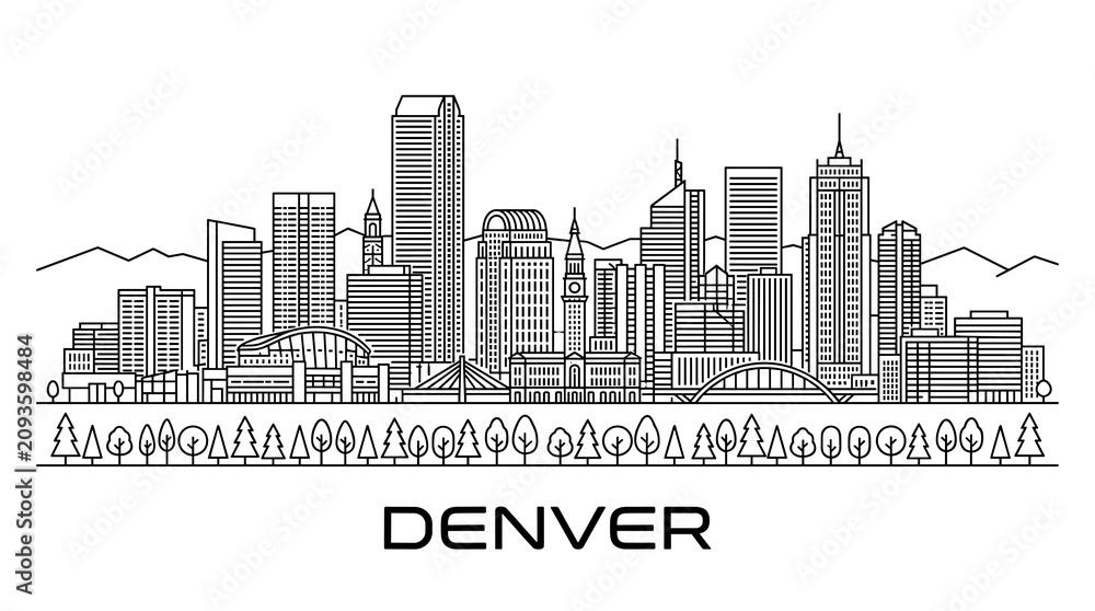 Obraz premium Denver Skyline Vector Illustration in Minimal Black and White Line Art Architectural Sketch Style
