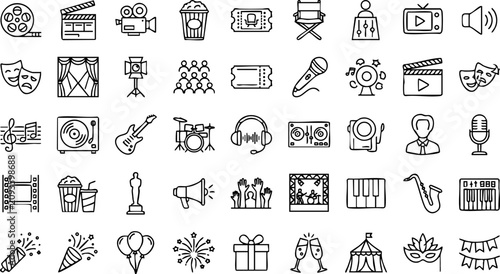Foto Entertainment and media industry doodle icons set with entertainment performance