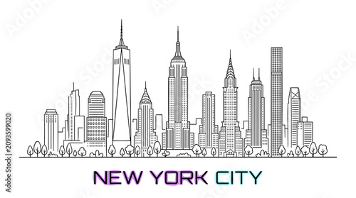 New York City skyline black line art panorama with gradient text footer, vector icon with One World Trade Center, Empire State Building, Chrysler Building and supertall tower