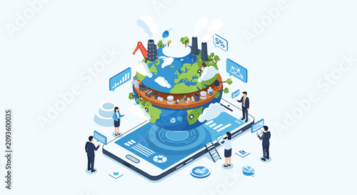 Isometric concept showing a miniature globe with various industries and people interacting with data displayed on a large smartphone screen.