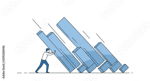 Conceptual illustration showing a man exerting great effort to push back and stop a series of large falling blue domino-like rectangular blocks.