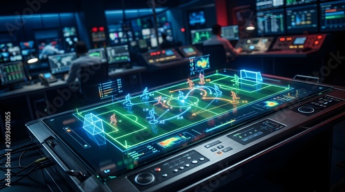 Futuristic digital soccer pitch strategy display in a high-tech control room