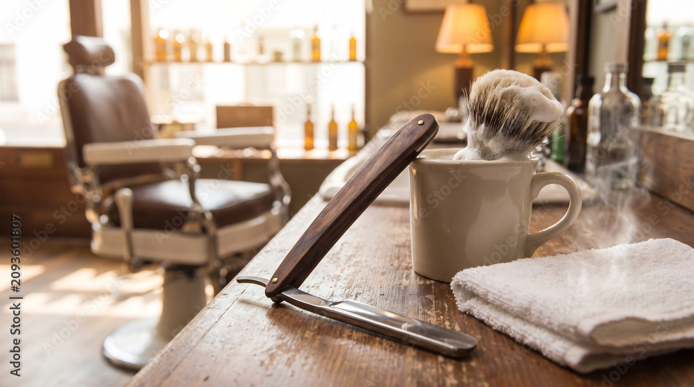Obraz premium Straight razor and lathered brush on barbershop counter