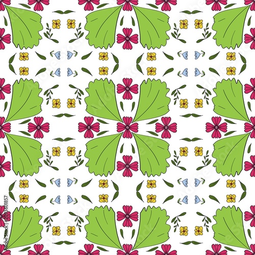 Red flowers and green leaves seamless pattern elements designed for background, wallpaper, decorating, fabric, wrapping, clothing, textiles, tiles, carpet, embroidery designs.