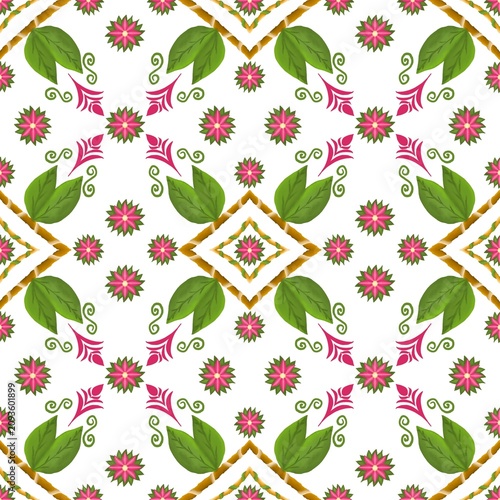 Red flowers and green leaves seamless pattern elements designed for background, wallpaper, decorating, fabric, wrapping, clothing, textiles, tiles, carpet, embroidery designs.