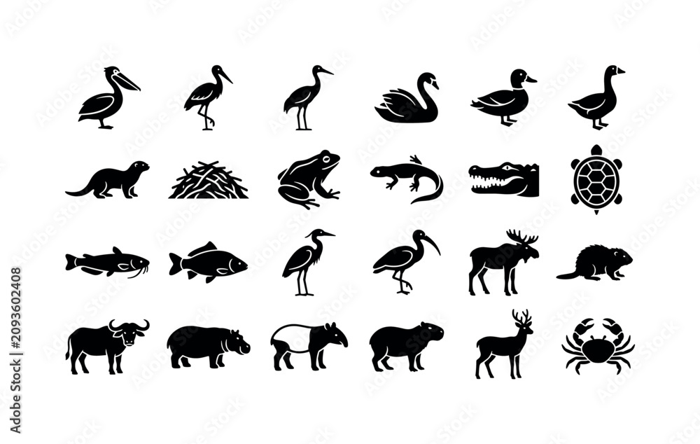 Fototapeta premium Wetland Animal Icons. Solid glyph icon set of animals: pelican, stork, crane, swan, duck, goose, otterhound, beaver dam, frog, newt, crocodile head, turtle shell, catfish, carp, heron, ibis, moose,