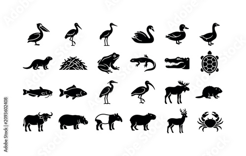 Wetland Animal Icons. Solid glyph icon set of animals: pelican, stork, crane, swan, duck, goose, otterhound, beaver dam, frog, newt, crocodile head, turtle shell, catfish, carp, heron, ibis, moose,