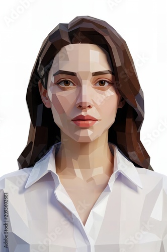 Low Poly Digital Portrait of a Young Woman with Dark Hair and White Shirt