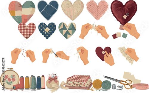 Fotografie Handmade sewing and quilting vector elements set with patchwork hearts hands sti