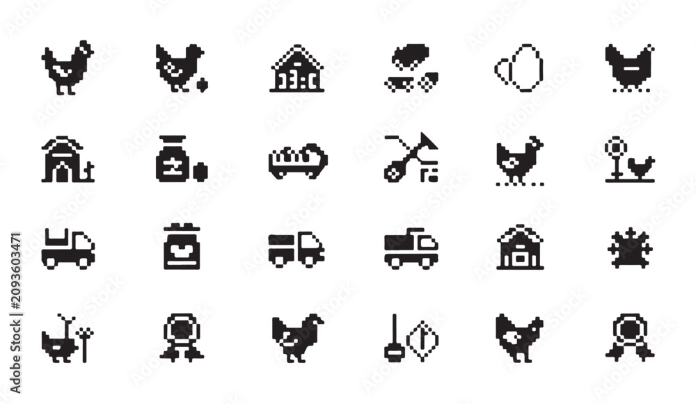 Fototapeta premium Set of farm related pixel art icons including chicken house egg and vehicle illustrations.