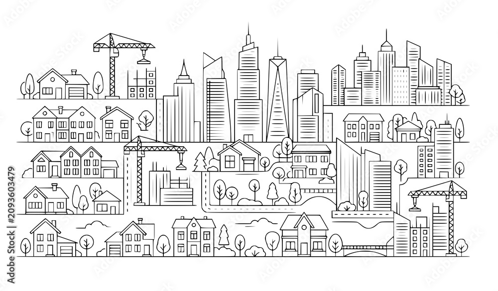 Fototapeta premium City skyline illustration with construction and residential areas