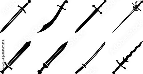 Foto Black Silhouette Sword Vector Icon Set Featuring Medieval Longsword Samurai Kata