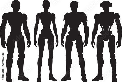 Humanoid robots silhouette set 4 standing, male female androids, and transparent vector on isolated transparent background