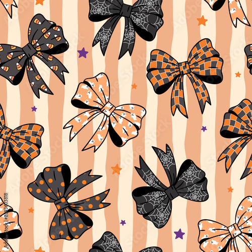 Cute halloween bows seamless pattern with plaid polka dot candy corn ghost and spider web ribbon designs on striped festive background