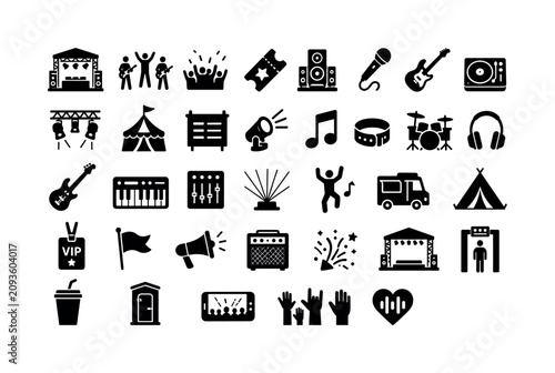 Music Festival Entertainment Icons. Solid glyph icon set of music festival and entertainment: concert stage, band group, crowd, ticket, speaker stack, microphone, electric guitar, DJ turntable, stage