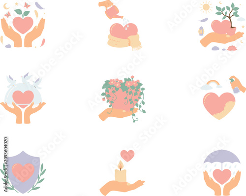 Obraz na płótnie Mental health self care and wellness flat vector illustration set with hands hol
