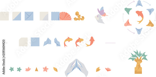Origami paper folding step by step instruction vector set showing paper transforming into koi fish butterflies shells and stars for craft hobby guides.