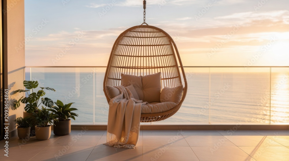 Fototapeta premium A cozy hanging chair with cushions and a blanket on a balcony overlooking a serene ocean at sunset, accompanied by potted plants.