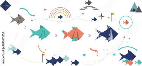 Tableau sur toile Business strategy metaphor vector illustration using origami fish graphics navigating complex paths hurdles milestones and rainbows to achieve corporate team goals