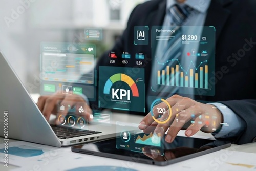 Man's hands interacting with holographic business data dashboards and charts on a tablet and laptop analytics