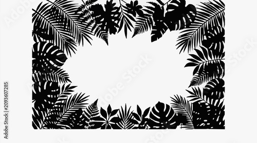 Obraz na plátne Tropical leaf border frame in black and white.