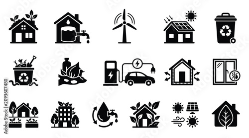 Bild auf Leinwand Set of black ecofriendly sustainability icons featuring renewable energy solar p