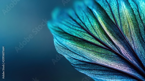 Close-up of a vibrant teal and green leaf with intricate veining against a dark blue background