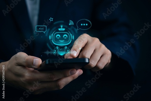 Person using smartphone with glowing chatbot interface and communication artificial intelligence mobile phone
