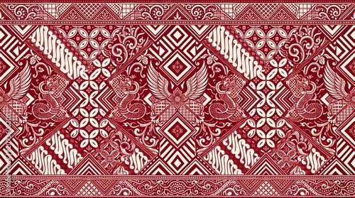 Traditional Batik Pattern with Modern Geometric Shapes Red White Indonesian Heritage