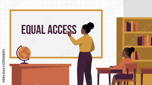Teacher writing Equal Access on whiteboard in classroom illustration
