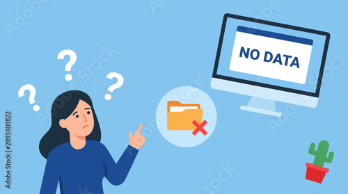 Foto Woman confused points at computer screen displaying No Data with folder icon
