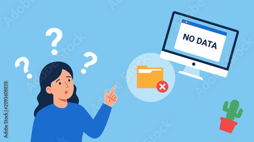 Foto Woman confused by computer showing no data with questions and folder nearby