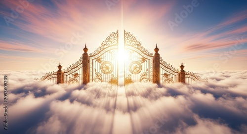 Grand golden gates stand tall amidst a vast sea of soft white clouds. Radiant light shines through the intricate patterns of the portals, gold, morning, pathway