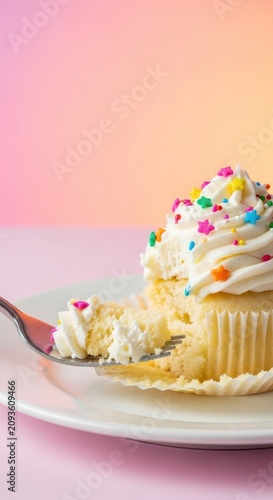 A gourmet vanilla cupcake with creamy white frosting and colorful sprinkles sits on a plate while a silver fork takes a delicious bite out, table, close-up, bakery