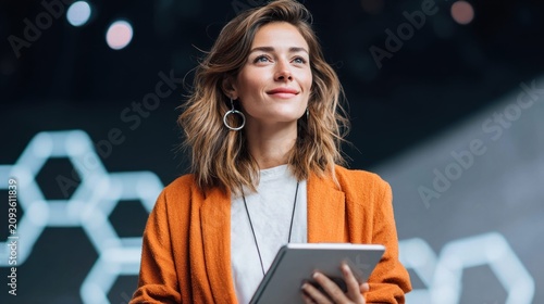 Confident businesswoman holding a tablet and looking up with a smile, ready for success