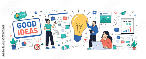 Good Ideas Startup clean editorial banner, 3 geometric characters gathering around oversized light bulb and startup project board, include tip sticker, brainstorming notes, app window, social media