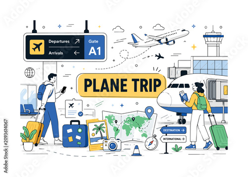 Plane Airport Collection. Banner illustration about airplane and airport travel with one oversized terminal sign and one oversized aircraft, two geometric travelers arranging departure, destination,