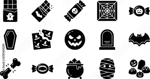 Cuadro en lienzo Halloween candy trick treat silhouette bundle set collection on white background