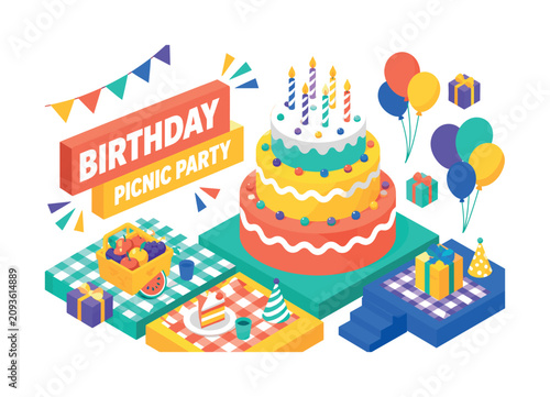 Birthday Picnic Party , oversized birthday cake with bold geometric depth, stepped blanket platforms, floating gift boxes and diagonal balloon clusters, coral and warm yellow with mint accents,