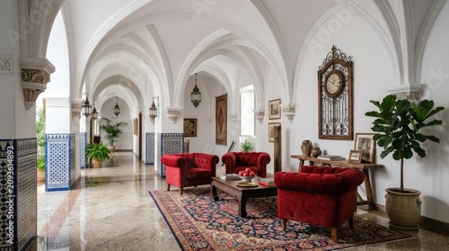 Grand arched hallway with red velvet armchairs.