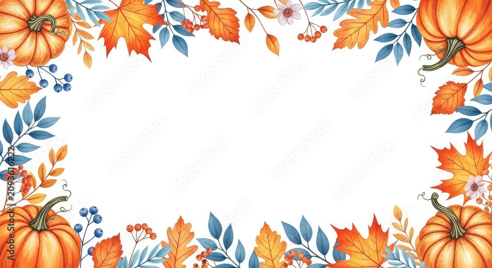 Fototapeta premium Elegant watercolor autumn border featuring rustic pumpkins, delicate blossoms, and fall leaves in warm orange and cool blue hues on white, border, gourd, corner