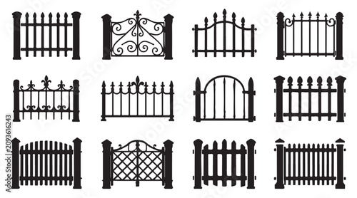 Fotografie Ornamental wrought iron fence and gate silhouette set for luxury estate and park property