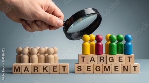 Hand with magnifying glass examining wooden figures on target market blocks.