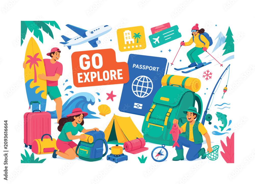 Fototapeta premium Travel Leisure Journey banner illustration, active recreation travel scene with oversized passport and hiking backpack, 2 expressive stylized human characters preparing beach, camping, skiing, and