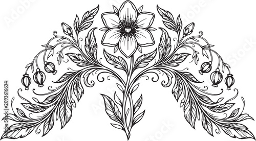 Obraz na płótnie Decorative floral headpiece element black and white design isolated on white bac
