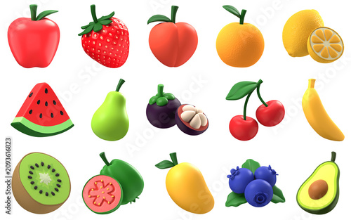 Vibrant 3D fruit collection, a colorful assortment of fresh produce, healthy food icons, and sweet fruit illustrations for nutrition and diet concepts